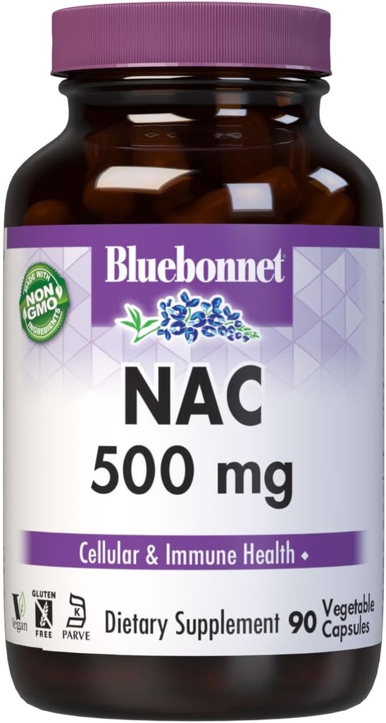 Bluebonnet NAC Supplement N-Acetyl-L-Cysteine 500 mg - Antioxidant Cellular Health & Immune Support - Free-Form Amino Acid for Women & Men - Non-GMO, Kosher, Gluten-Free - 90 Vegetable Capsules