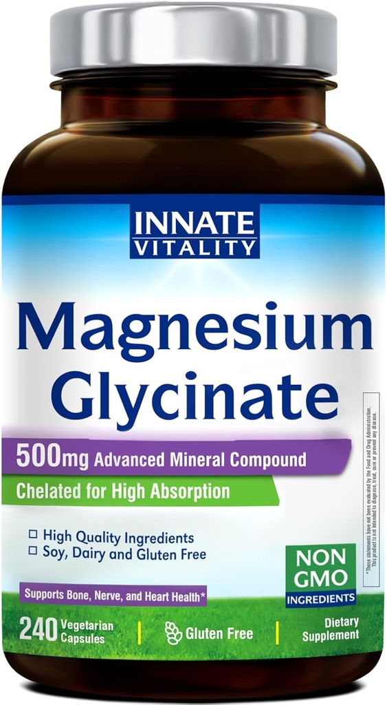 Innate Vitality Magnesium Glycinate 500mg | 70mg Elemental Magnesium Supplement- High Absorption, Non Buffered, Non-GMO & No Gluten - Nerve, Bone & Heart Health - 240 Caps, 8 Month Supply