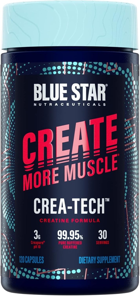 Blue Star Nutraceuticals CREA-TECH - Creapure Creatine Monohydrate - w/Electrolytes. Creatine + Electrolytes Capsules - Build Muscle and Increase Strength | 30 Day Supply - 120 Veggie Capsules