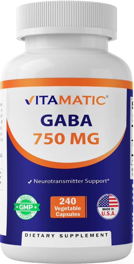Vitamatic GABA (Gamma Aminobutyric Acid) 750mg, 240 Vegetable Capsules, 240 Servings - Non-GMO, Gluten Free
