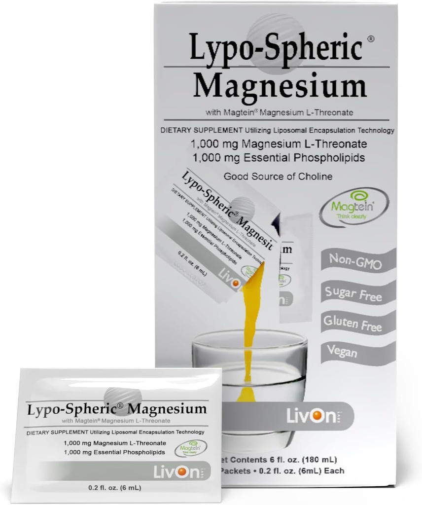 Lypo-Spheric Magnesium L-Threonate – 30 Packets – 77 mg Magnesium Per Packet – Liposome Encapsulated for Maximum Bioavailability – Professionally Formulated & 100% Non-GMO