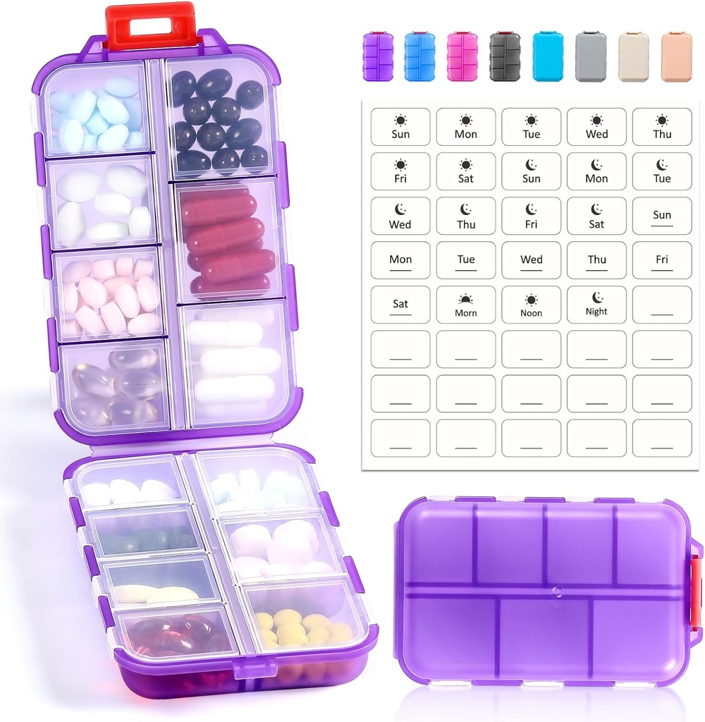14 GRIDS Travel Pill Organizer Box with Labels - Travel Medicine Case Kit - Pocket Daily Pharmacy Container - Travel Medication Holder Dispenser for Fish Oil Vitamin Supplement Storage - Clear Purple