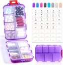 14 GRIDS Travel Pill Organizer Box with Labels - Travel Medicine Case Kit - Pocket Daily Pharmacy Container - Travel Medication Holder Dispenser for Fish Oil Vitamin Supplement Storage - Clear Purple