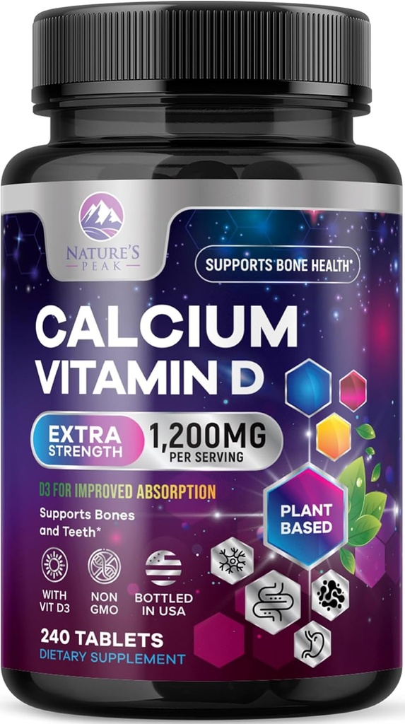 Calcium 1200 mg with Vitamin D3 - Bone Health Supplement, Vitamin D & Calcium Supplements for Women & Men - Bone Strength, Teeth & Immune Support, Nature's Calcium Pills, Bottled in USA - 240 Tablets