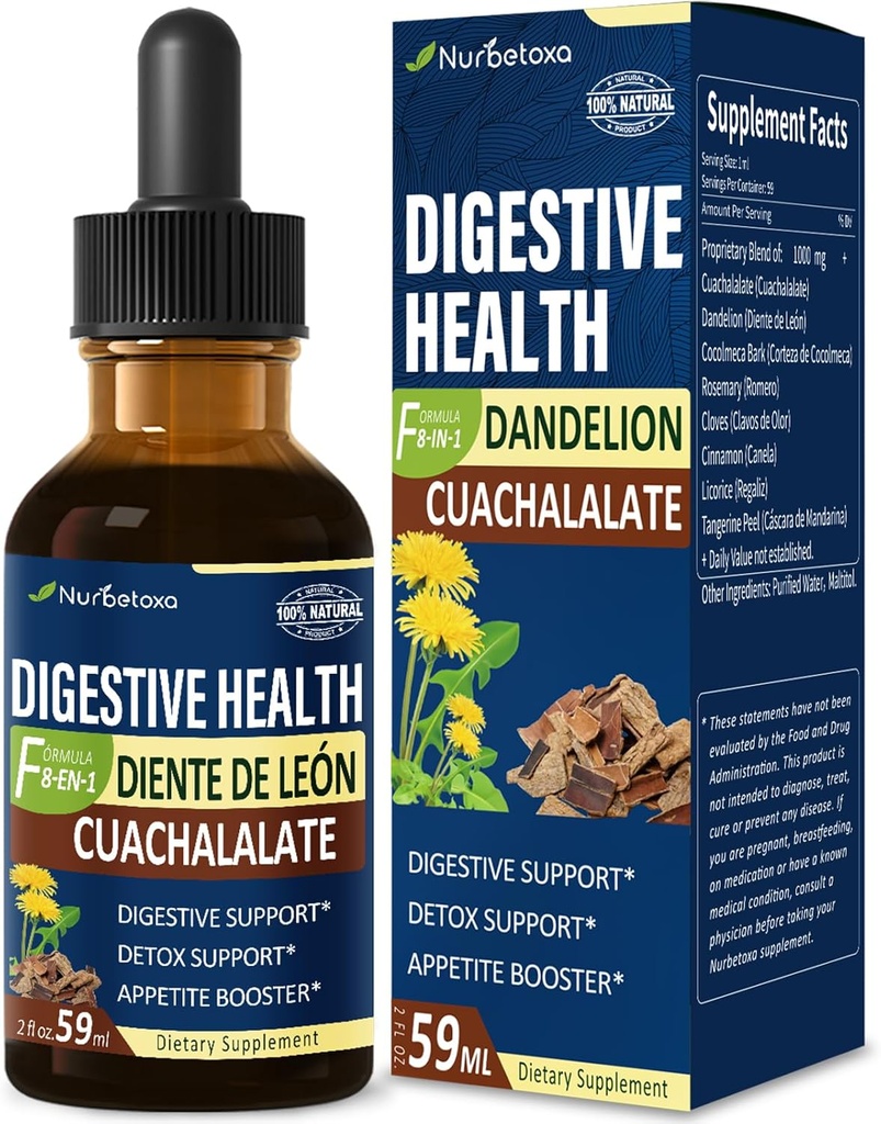 Cuachalalate Digestive Health Drops, Corteza de Cocolmeca para Purgante Limpiar Estomago, Gut Support Supplement for Bloating Relief, Detox Cleanse w/Cinnamon, Dandelion Extract Liquid. 2oz