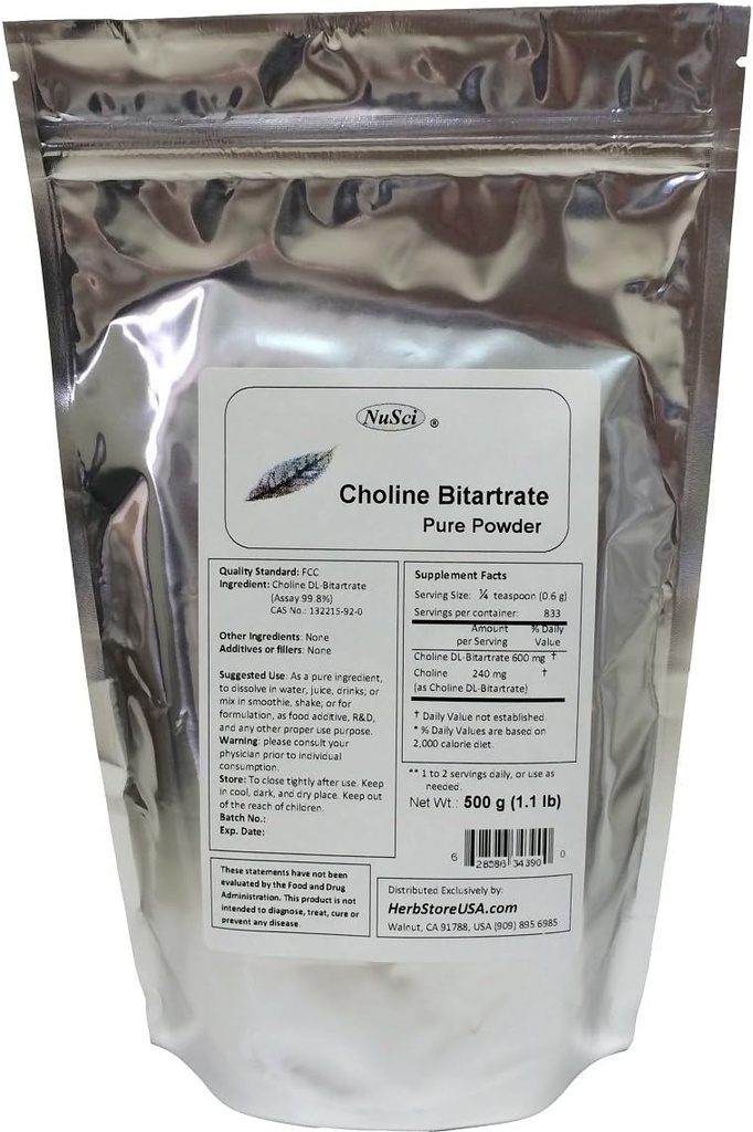 Choline DL- Bitartrate Pure Powder 500g (1.1 lb, 17.6 oz) Smart Nutrient