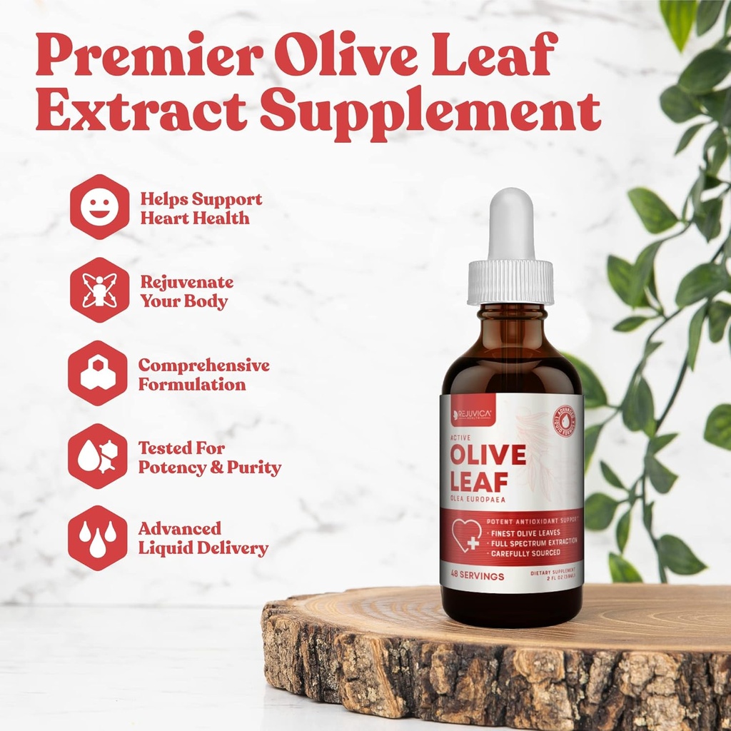 Rejuvica Active Olive Leaf Extract | Naturally Occurring Oleuropein Liquid Drops for Immune & Heart Support | Fast-Absorption, Vegan, Alcohol-Free | 2 fl oz