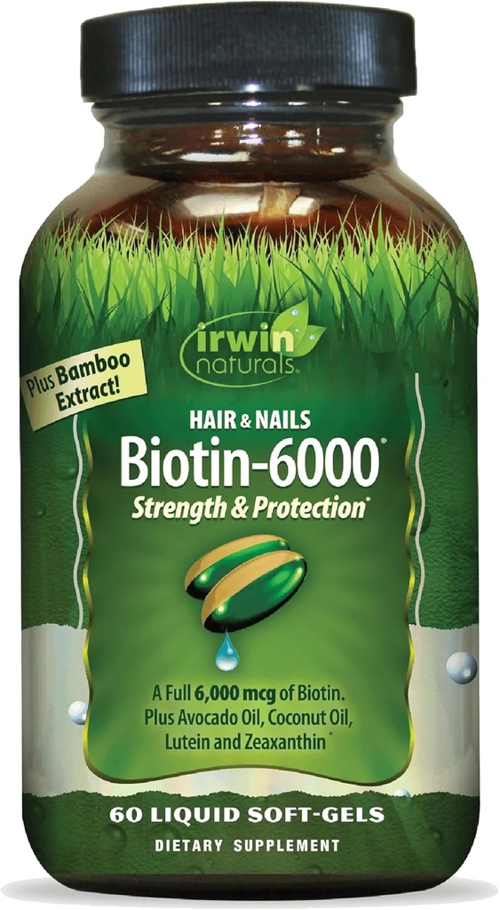 Irwin Naturals Biotin-6000 - Supports Strength & Protection for Hair & Nails with Avocado Oil, Coconut Oil, Lutein & Zeaxanthin - 60 Liquid Softgels