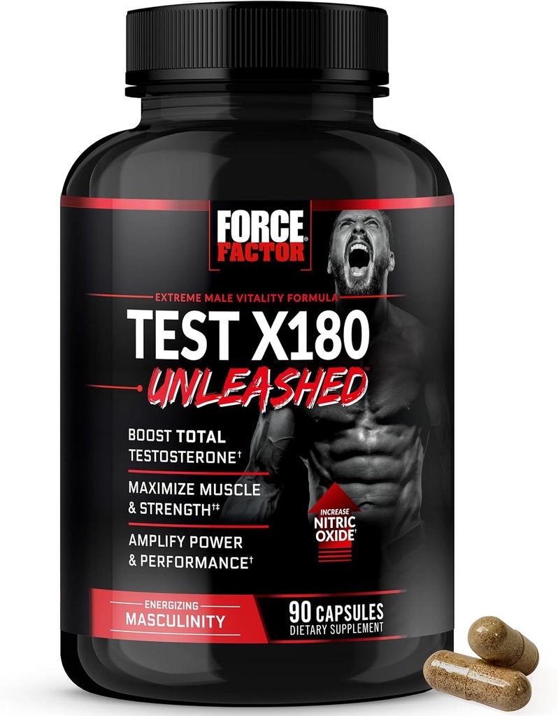 FORCE FACTOR Test X180 Unleashed Testosterone Booster for Men to Build Muscle, Increase Strength, and Improve Performance, Testosterone Supplement for Men’s Health, 90 Capsules