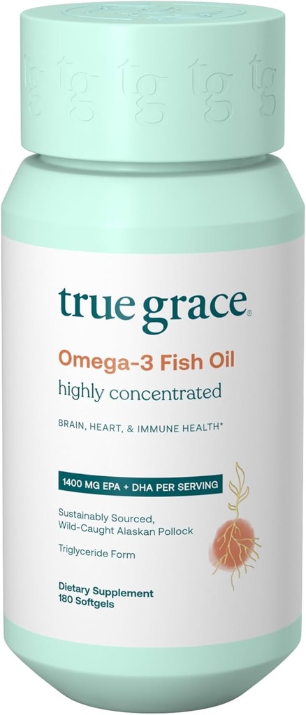 True Grace Omega-3 Fish Oil - 180 Softgels - 1400 mg EPA + DHA - Brain, Heart, Joint & Immune Health - Organic, Gluten Free, Soy Free