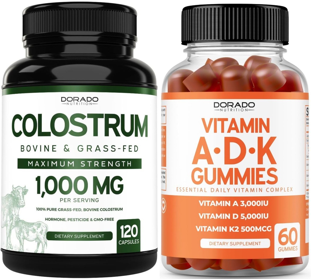 Colostrum (120 Count) Bovine Colostrum Capsules Supplement for Adults and ADK Vitamin D3 (60 Gummies) D & K - 10 Vegan Supplement - Delicious Raspberry Flavor - Non GMO Third Party Tested - USA Made