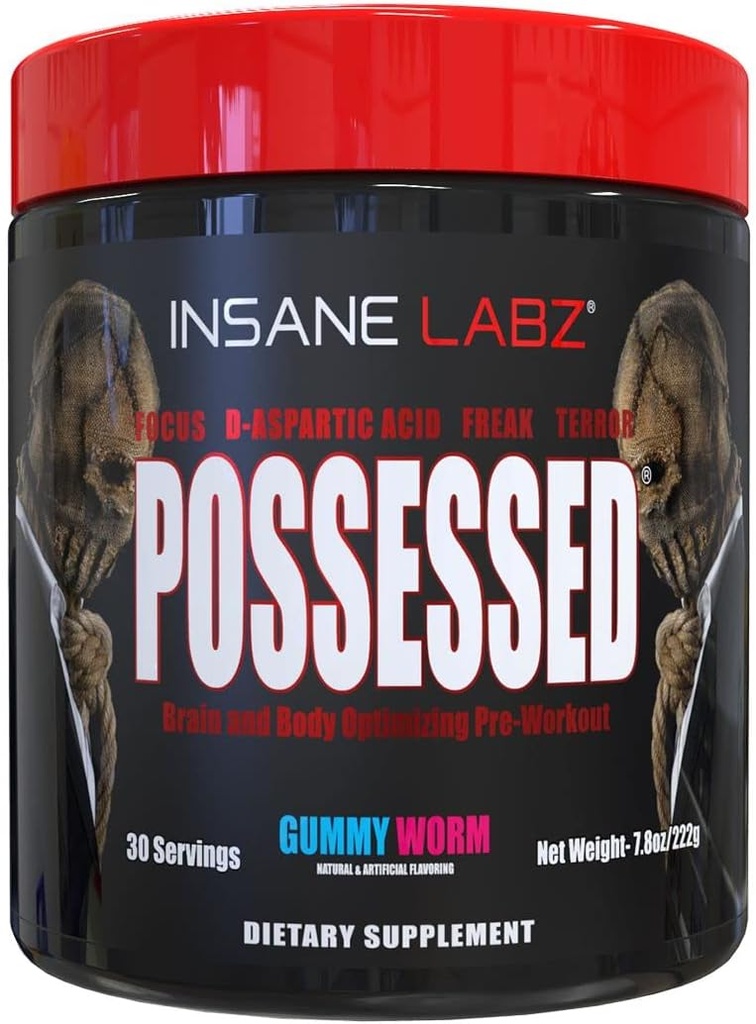 Insane Labz Possessed Low Stimulant Testosterone Boosting Pre Workout Powder, Loaded with D Aspartic Acid and Creatine Fueled by AMPiberry and OXYgold, 30 Srvgs, Gummy Worm