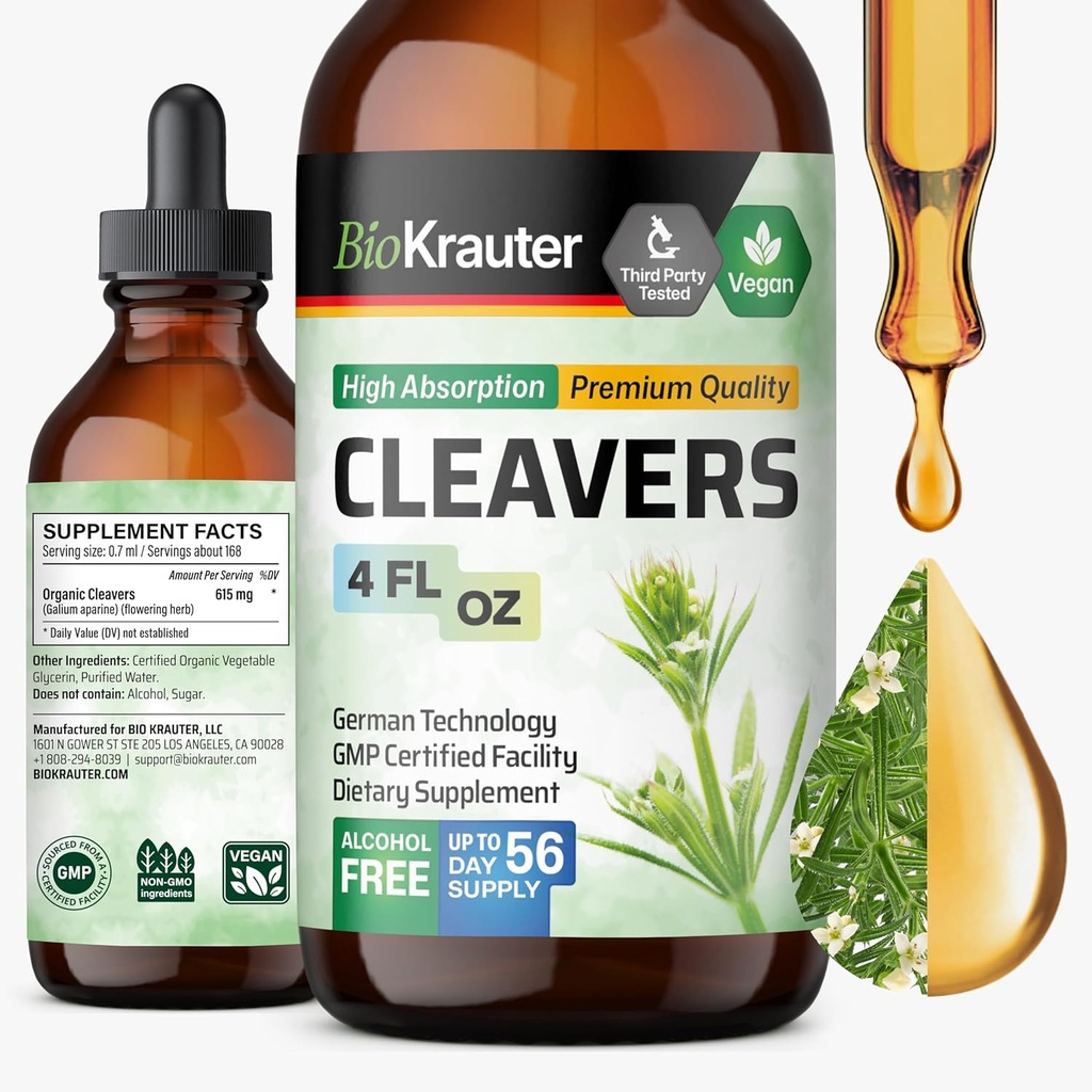 BIO KRAUTER Cleavers Tincture - Cleavers Herb Liquid Extract - Natural Detox - Alcohol and Sugar Free - Vegan Extract 4 Fl.Oz.
