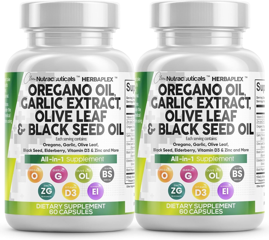 Clean Nutraceuticals Oregano Oil Garlic Extract Olive Leaf Black Seed Oil - Immune Support & Digestive Health Supplement for Women and Men with Vitamin D3 & Zinc - 2Pack