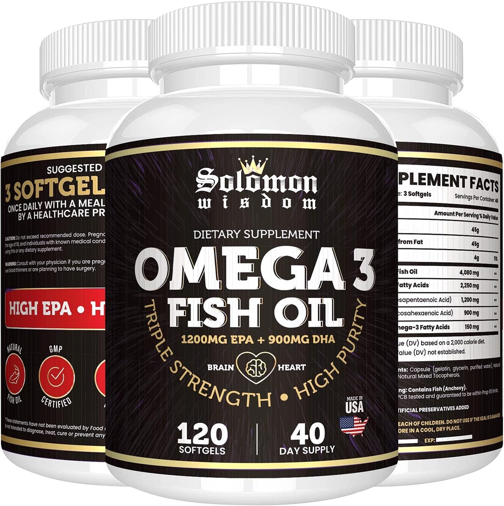 SOLOMON WISDOM Omega 3 Fish Oil - Dietary Supplement for Healthy Heart & Brain - 120 Soft Gel Capsules with High EPA 1200mg & DHA 900mg - Burpless, Odorless with Natural Lemon Flavor