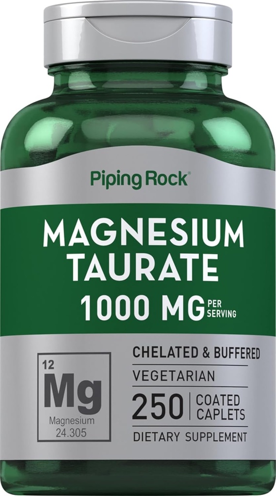 Piping Rock Magnesium Taurate | 1000mg | 250 Caplets | Chelated and Buffered | Vegetarian, Non-GMO, Gluten Free Supplement