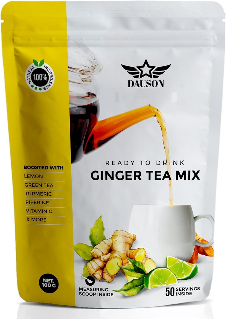 Ginger Turmeric Herbal Tea Mix – 50 Servings - Refreshing Blend of Lemon, Licorice, Decaf Green Tea, Vitamin C – Caffeine-Free, Vegan, Gut-Friendly Detox Tea - Powder