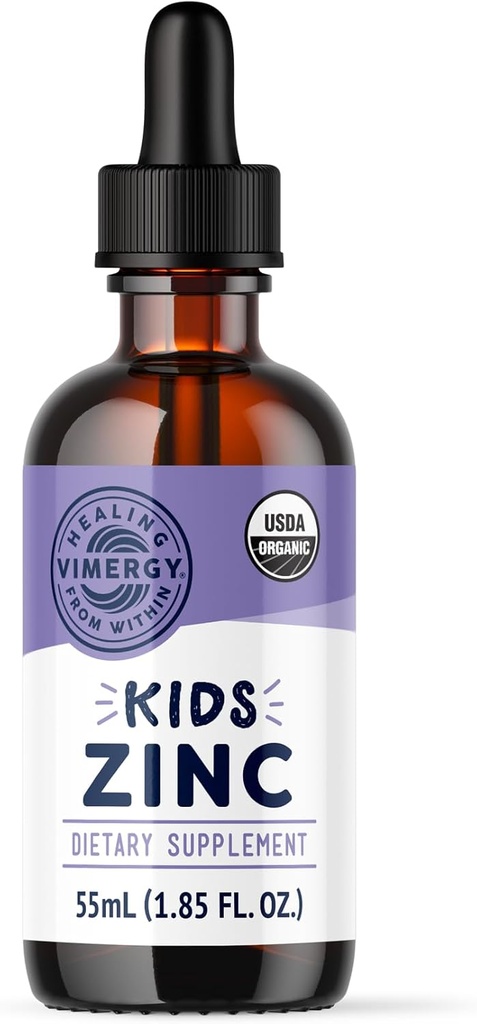 Vimergy Kids Organic Liquid Zinc Sulfate – For Children & Adolescence 1-18 Years Old, Fast-Absorbing Immune Support* – Promotes Healthy Bones, Hair & Skin. USDA Organic, Kosher, Vegan, Non-GMO – 55 mL
