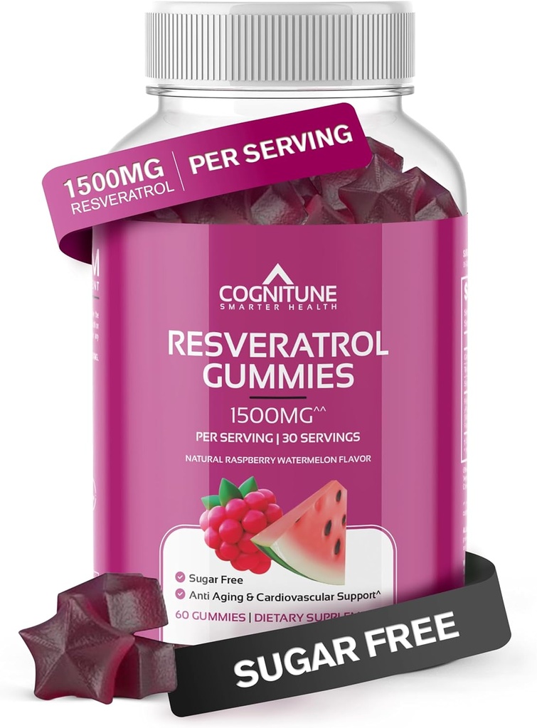 CogniTune Resveratrol Gummies 1500mg - Sugar Free Longevity Gummies for Women & Men - Antioxidant Supplement for Heart Brain Immune Support