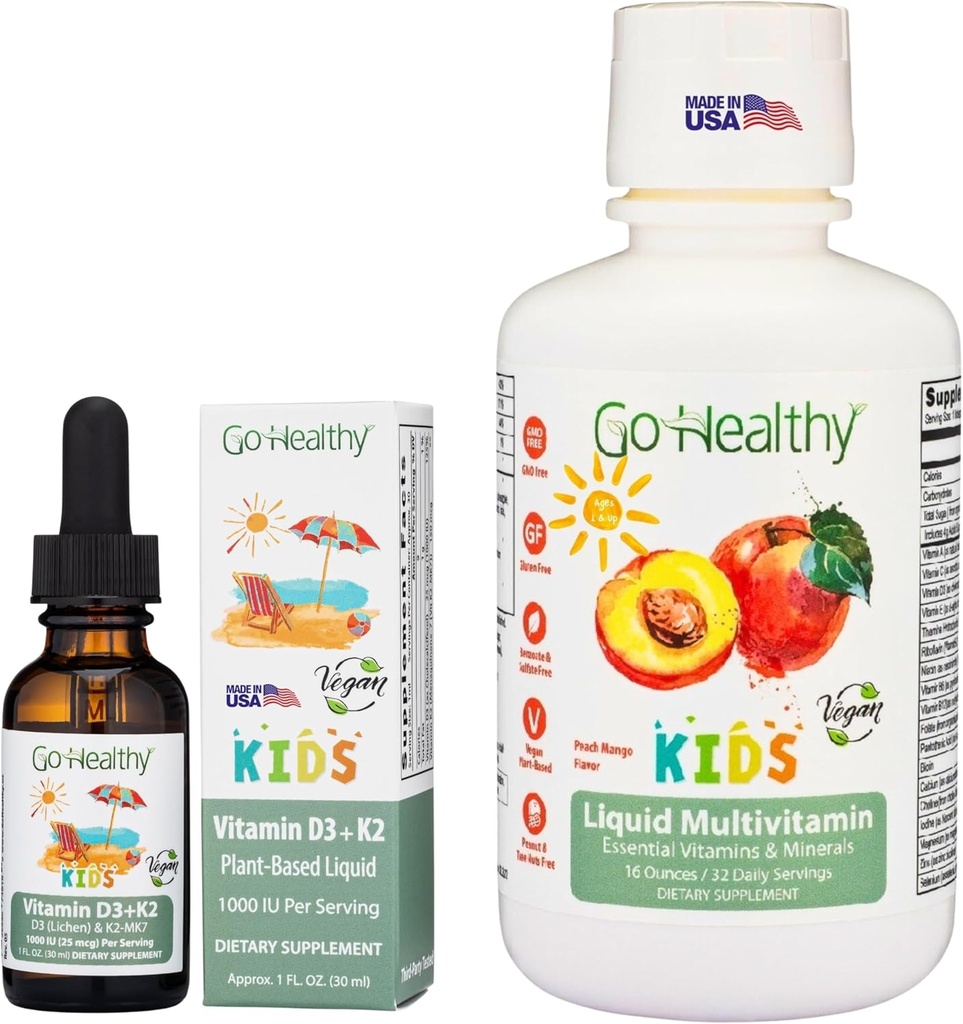 Go Healthy Multivitamin Liquid (1 Bottle) and Vitamin D3 K2 Drops (1 Bottle) for Kids, Toddlers, Teens, Vegan and Vegetarian, Gluten Free, Non-GMO Bundle