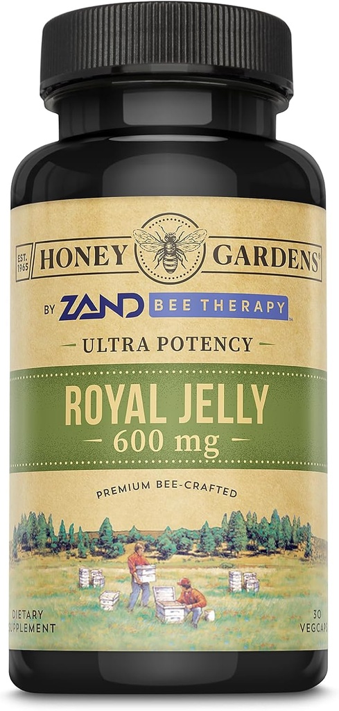 Honey Gardens Zand Bee Therapy Royal Jelly 600 mg Capsules - High Potency Apitherapy - Superfood with Naturally Occurring Nutrients - Premium Quality - 30 Servings, 30 VegCaps