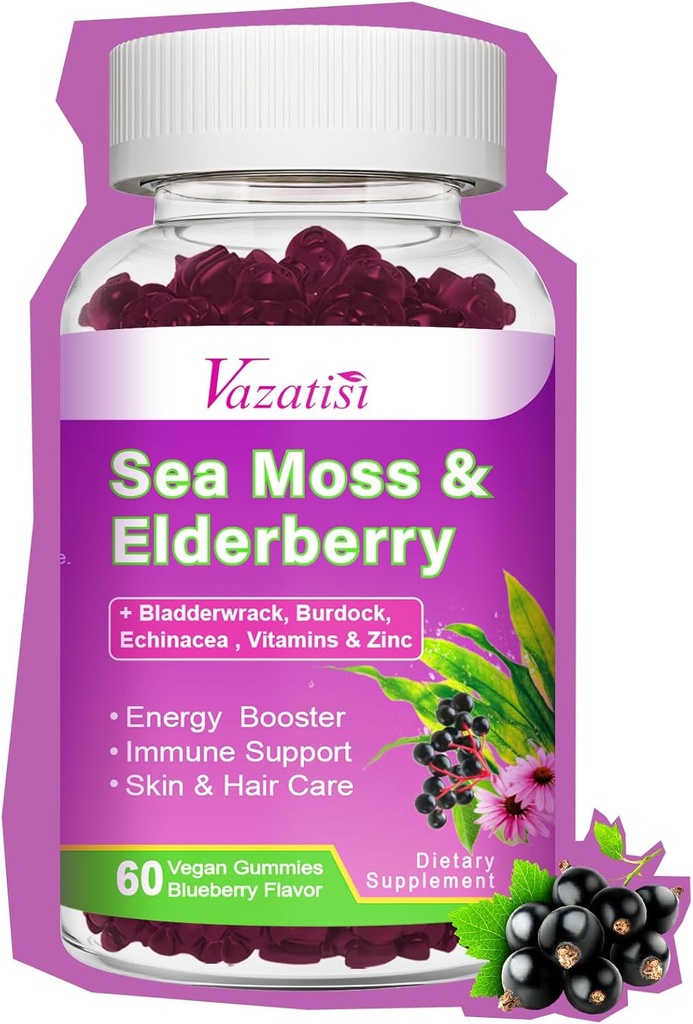 Elderberry Gummies with Sea Moss, Bladderwrack, Burdock, Echinacea, Apple Cider Vinegar, Chlorophyll, Vitamin C, D & Zinc Supplement for Women, Men, Adults and Kids, Blueberry Flavor 60Ct