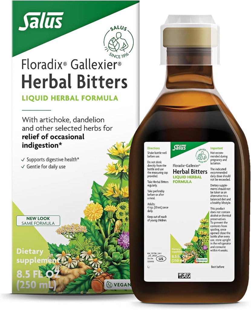 Salus Floradix Gallexier Herbal Bitters - Digestive Support Supplement with Artichoke, Dandelion, Turmeric, Ginger & More - Liquid Formula - Easily Absorbed - Vegan, Non-GMO - 8.5 fl oz