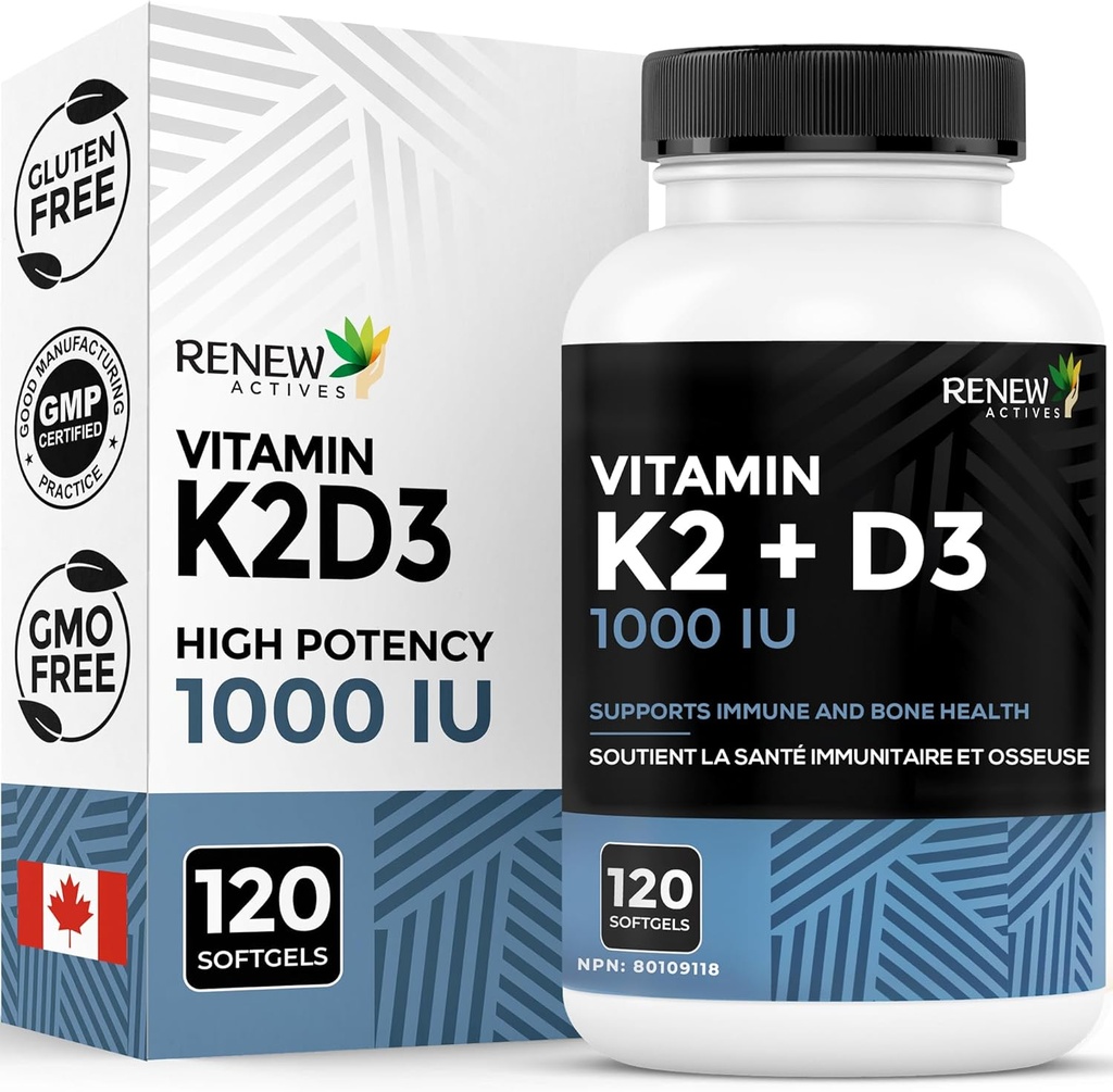 Renew Actives D3 K2 Supplement with Coconut Oil 1000 IU per Serving- Promotes Immune Function, Bone Health & Teeth, Enhances Calcium Absorption for Optimal Wellness - Made in Canada - 120 Softgels