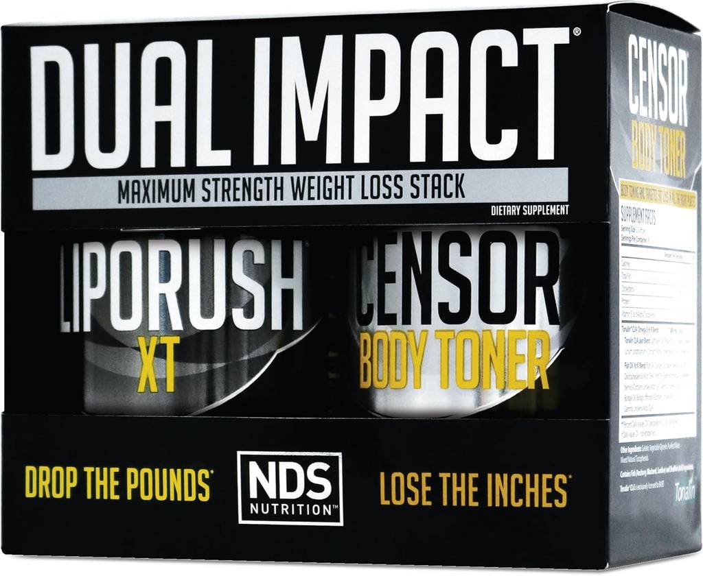 NDS Nutrition Maximum Strength Dual Impact Stack - Powerful 2-in-1 Weight Loss Kit Combines High Energy Fat-Burning XT Thermogenic with Premium CLA Censor Body Toner (60 Caps & 90 Softgels)