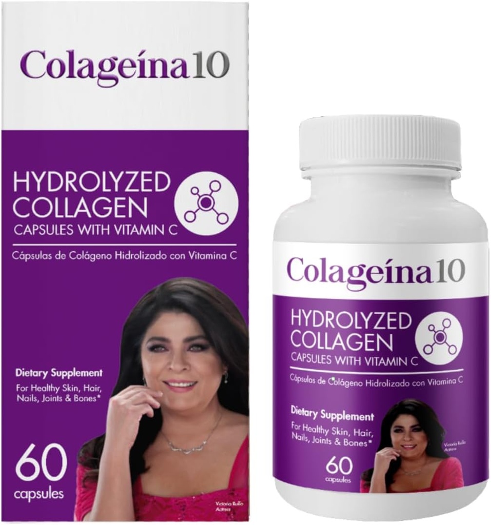 Colageina 10 Hydrolyzed Collagen Capsules with Vitamin C - Anti-Aging Dietary Supplement for Healthy Skin, Hair, Nails, Joints, and Bones - 60 Count
