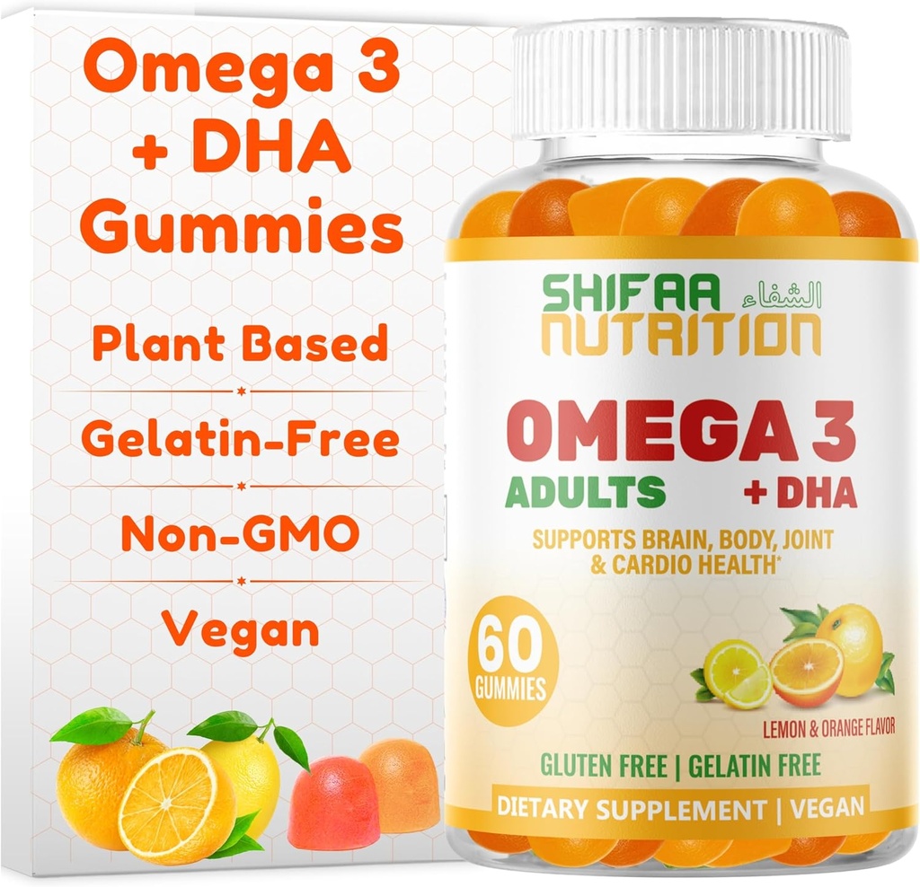 SHIFAA NUTRITION Vegan Omega 3 Gummies for Adults | No Fish Oil Burps | 60 Gummies | Plant Based w/Chia Oil, Algae | Omega 3 6 9 w/DHA, Vitamin C | for Brain, Cardiovascular & Immune Support Halal
