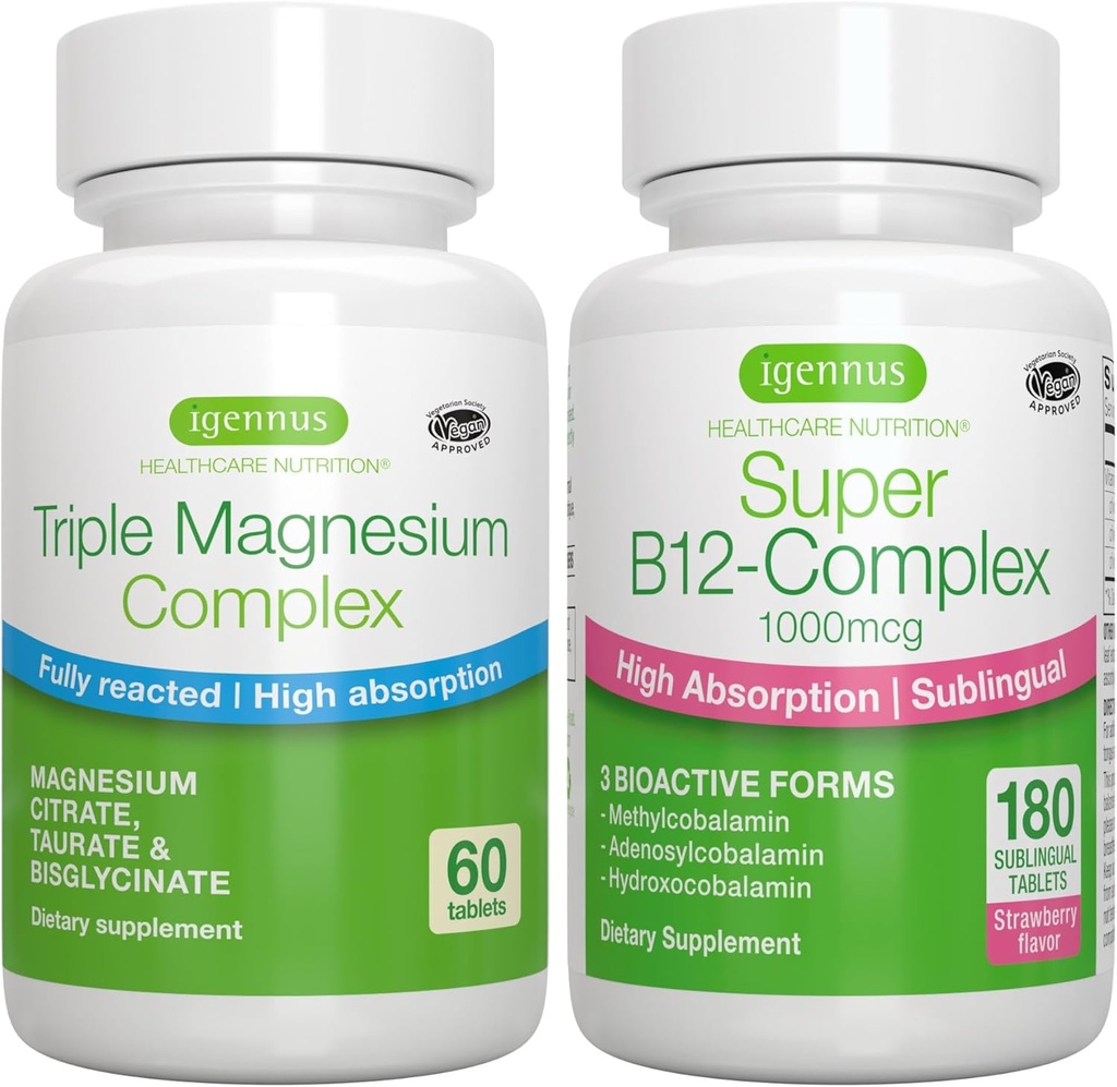 Triple Magnesium Complex + Super B12-Complex Energy Bundle, High Absorption Chelated Glycinate, Taurate & Citrate Magnesium + High Absorption Sublingual B12, Vegan, by Igennus