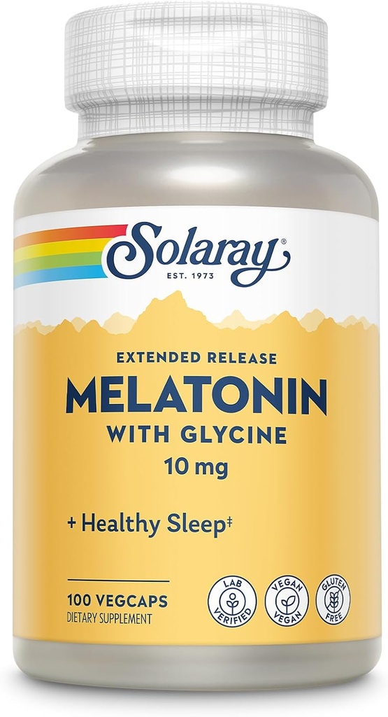 SOLARAY Melatonin 10mg with Glycine - Extended Release, Healthy Sleep Aid and Calming Relaxation Support - Lab Verified, Vegan, Gluten Free, 60-Day Guarantee - 100 Servings, 100 VegCaps