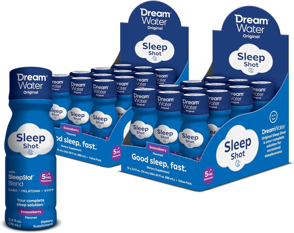Dream Water Natural Sleep Aid, GABA, MELATONIN, 5-HTP, 2.5oz Shot, Snoozeberry, 24 Count Economy Value Pack