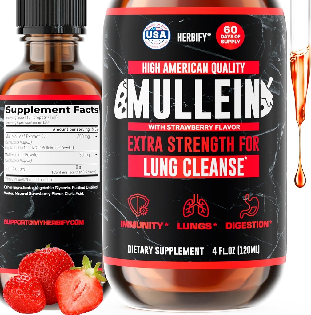 HERBIFY Mullein Drops - Lung Cleanse - Leaf Extract - Powerful Mullein for Immune Support, Detox & Respiratory Support - Made in USA - 4 Oz Strawberry Flavor
