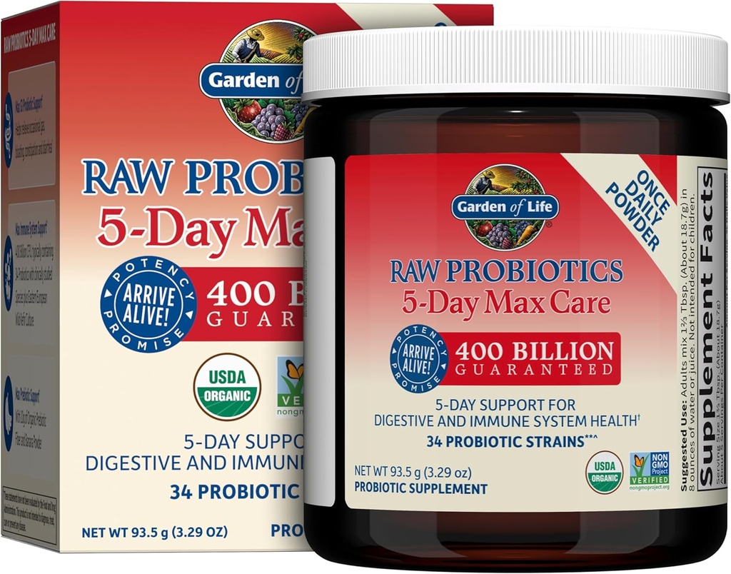 Garden of Life Organic Probiotic Powder for Women and Men - Raw Probiotics 5-Day Max Care 400 Billion CFU - Banana, High Bifido 5 Day Formula with Enzymes, Prebiotics for Digestive and Immune Health