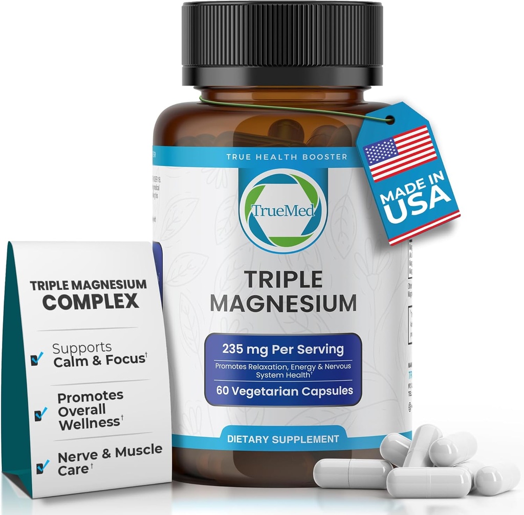 Triple Magnesium Supplement, 235mg, Dimagnesium Malate, Citrate, Lysinate Chelate, 60 Capsules, Supports Sleep, Muscle Relaxation, Bone & Heart Health, Energy & Nerve Function, USA Made
