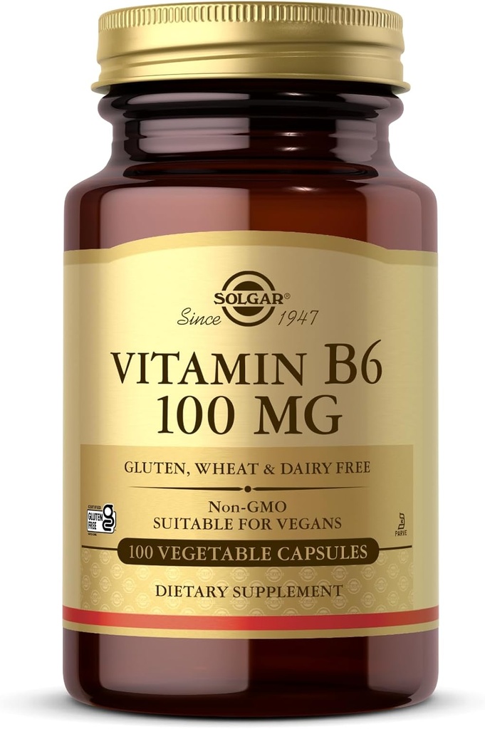 Solgar Vitamin B6 100 mg - 100 Vegetable Capsules - Non-GMO, Vegan, Gluten Free, Dairy Free, Kosher, Halal - 100 Servings