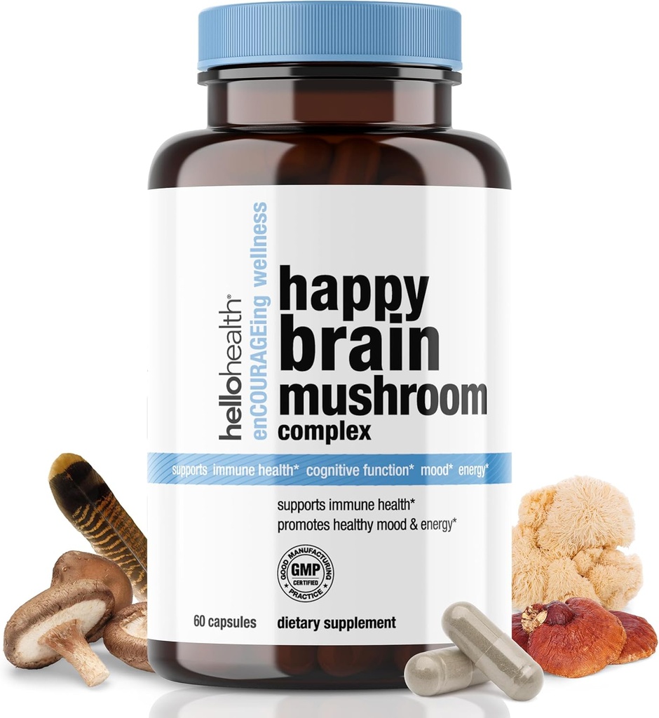 Happy Brain Mushroom Complex Nootropics Brain Support Supplement | 10 Mushroom Supplement: Lions Mane, Turkey Tail, Red Reishi, Shiitake Mushrooms for Mental Clarity, Energy & Immune Support 60 ct