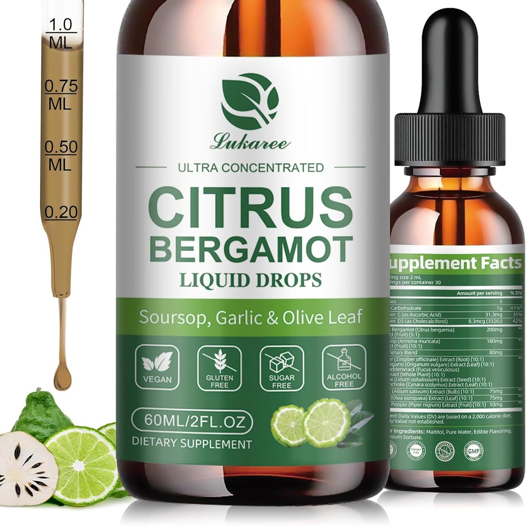 Citrus Bergamot + Soursop Liquid Drops with Garlic, Olive Leaf, Vitamin C D3, Black Pepper for Enhanced Absorption, Herbal Wellness Supplement for Cholesterol, Heart, Digestive & Immune, 2 Fl Oz