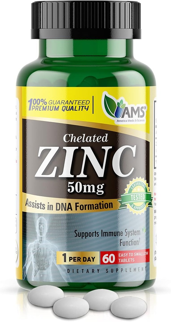 America Medic & Science Chelated Zinc 50 mg Supplements (1 Pack of 60 Tablets) Immune Booster and Powerful Antioxidant Pills for Adults Men and Women | Highly Absorbable Mineral, Improves Mood & Sleep