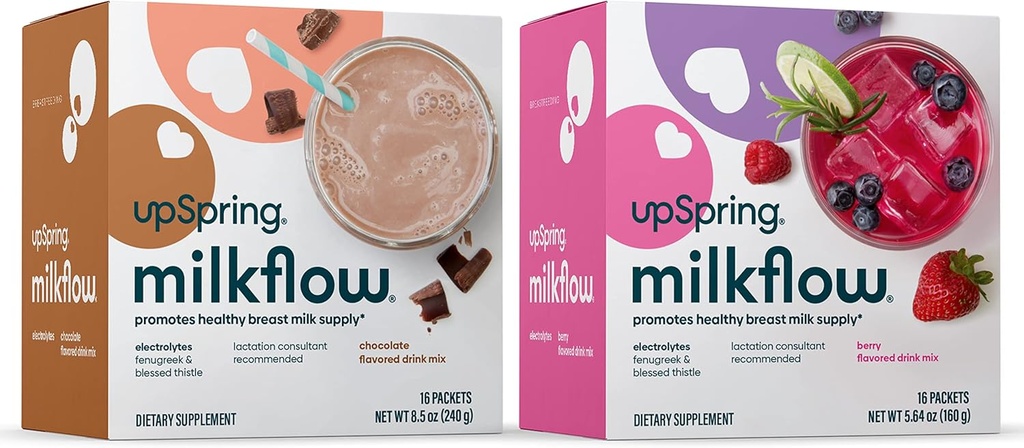 Upspring Milkflow Electrolyte Breastfeeding Supplement Drink Mix with Fenugreek 16 Count Chocolate and 16 Count Berry Flavor Bundle,Lactation Supplement to Promote Healthy Breast Milk Supply & Restore