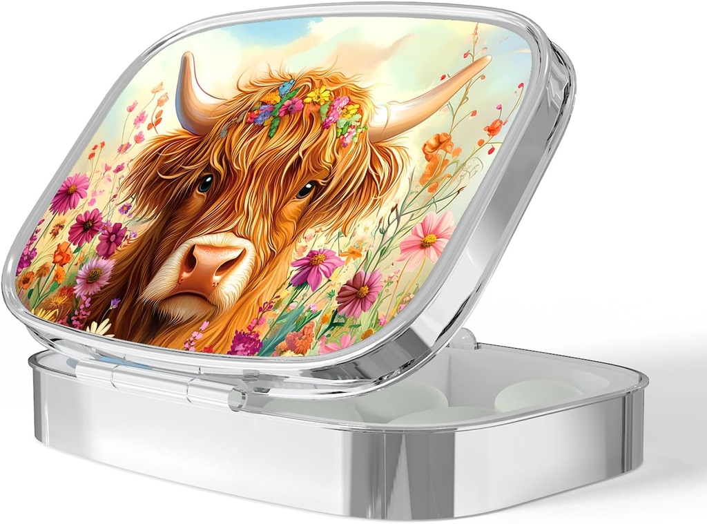 Pill Box-2 Compartment Small Pill Case Portable for Pocket & Purse Single Pill Carrier Pill Container to Hold Vitamins Medication Fish Oil and Supplements BPA-Free(Highland Cow)