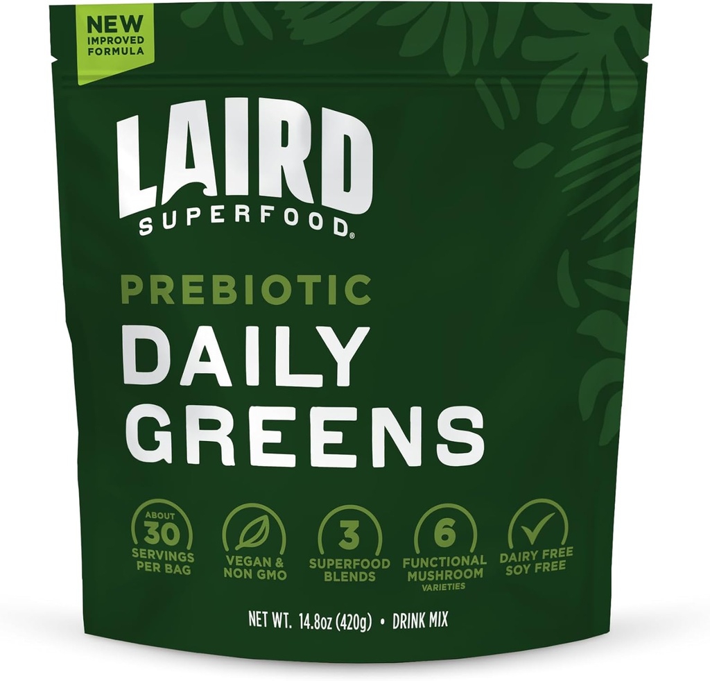 Laird Superfood Prebiotic Daily Greens Powder – Essential Vitamins & Minerals - Prebiotic Fiber, Adaptogen and Fruits & Vegetables – Supports Gut Health – Non-GMO, Vegan - 14.8 oz Bag, Pack of 1