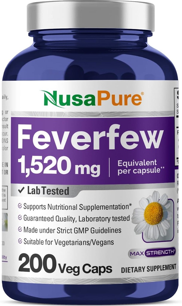 NusaPure Feverfew Extract 4:1 - Suitable for Vegetarian/Vegan, Non - GMO - 1520mg 200 Capsules