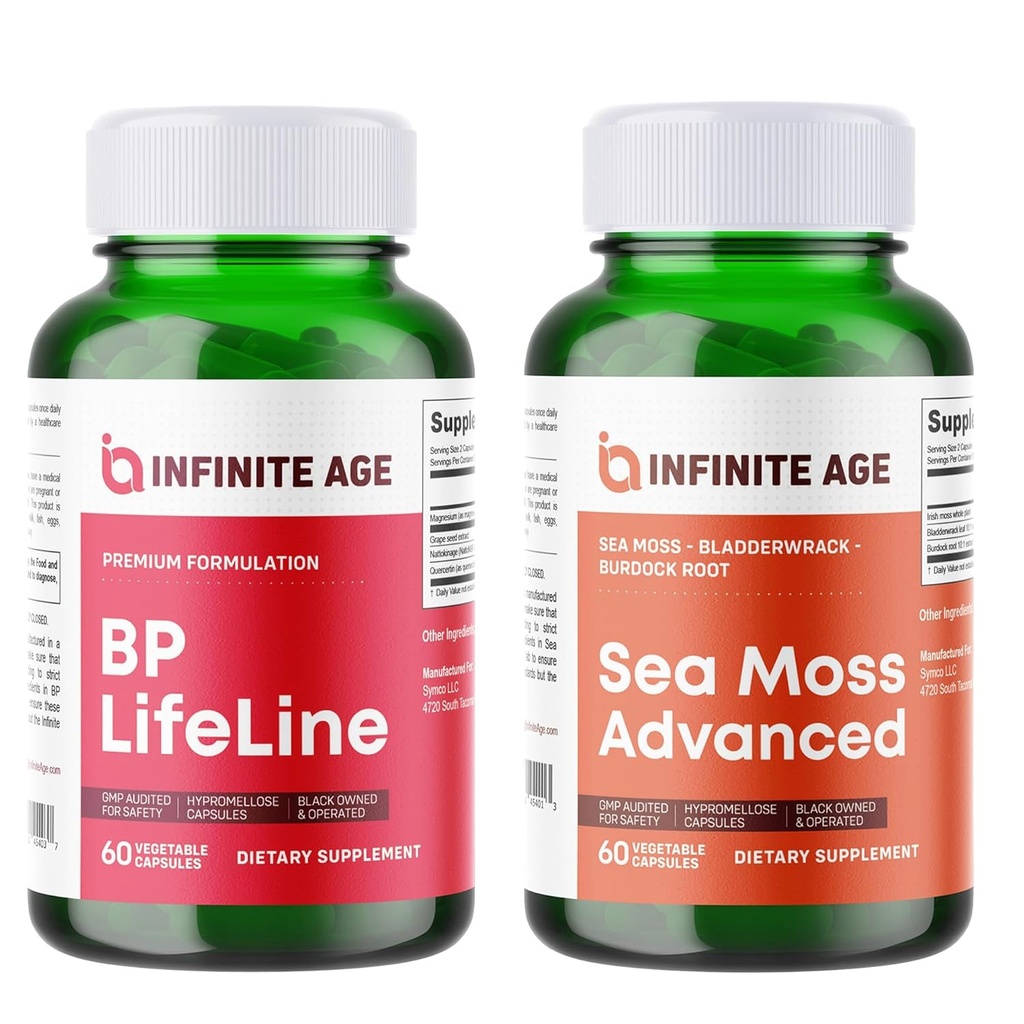 INFINITE AGE Wellness Bundle - Sea Moss Advanced 1250mg, BP Lifeline Heart Health Support Supplement 1030mg - Made in The USA