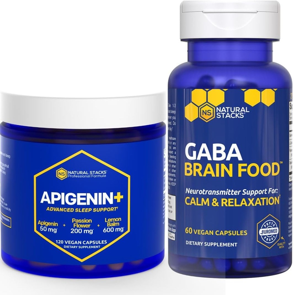 NATURAL STACKS GABA Brain Food + Apigenin Supplement for Sleep Bundle - Supports Relaxation and Sleep* - 180 Total Capsules