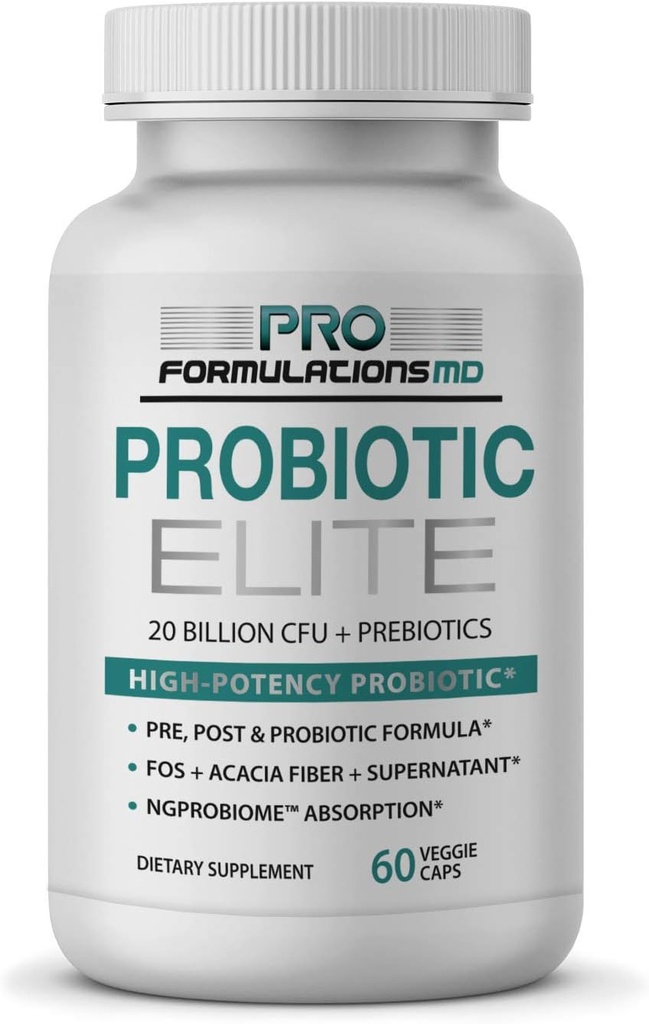 Pro Formulations MD Probiotic Elite – Synbiotic with FOS + Supernatant – 60 vcaps – Pre, Post & Probiotic Digestive Support with 20 Billion CFU, FOS, Acacia Fiber & Freeze – Dried Culture Powder