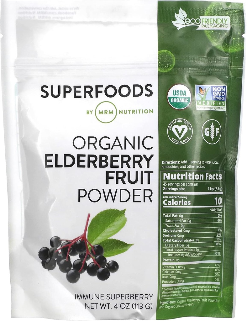 MRM Nutrition Organic Elderberry Fruit Powder | Superfoods | Immune superberry | Antioxidants + Fiber | Vegan + Gluten-Free | 45 Servings