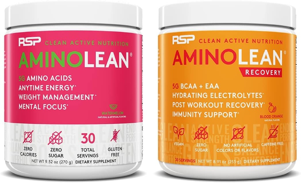 RSP NUTRITION AminoLean Pre Workout Energy (Watermelon 30 Servings) with AminoLean Recovery Post Workout Boost (Blood Orange 30 Servings)